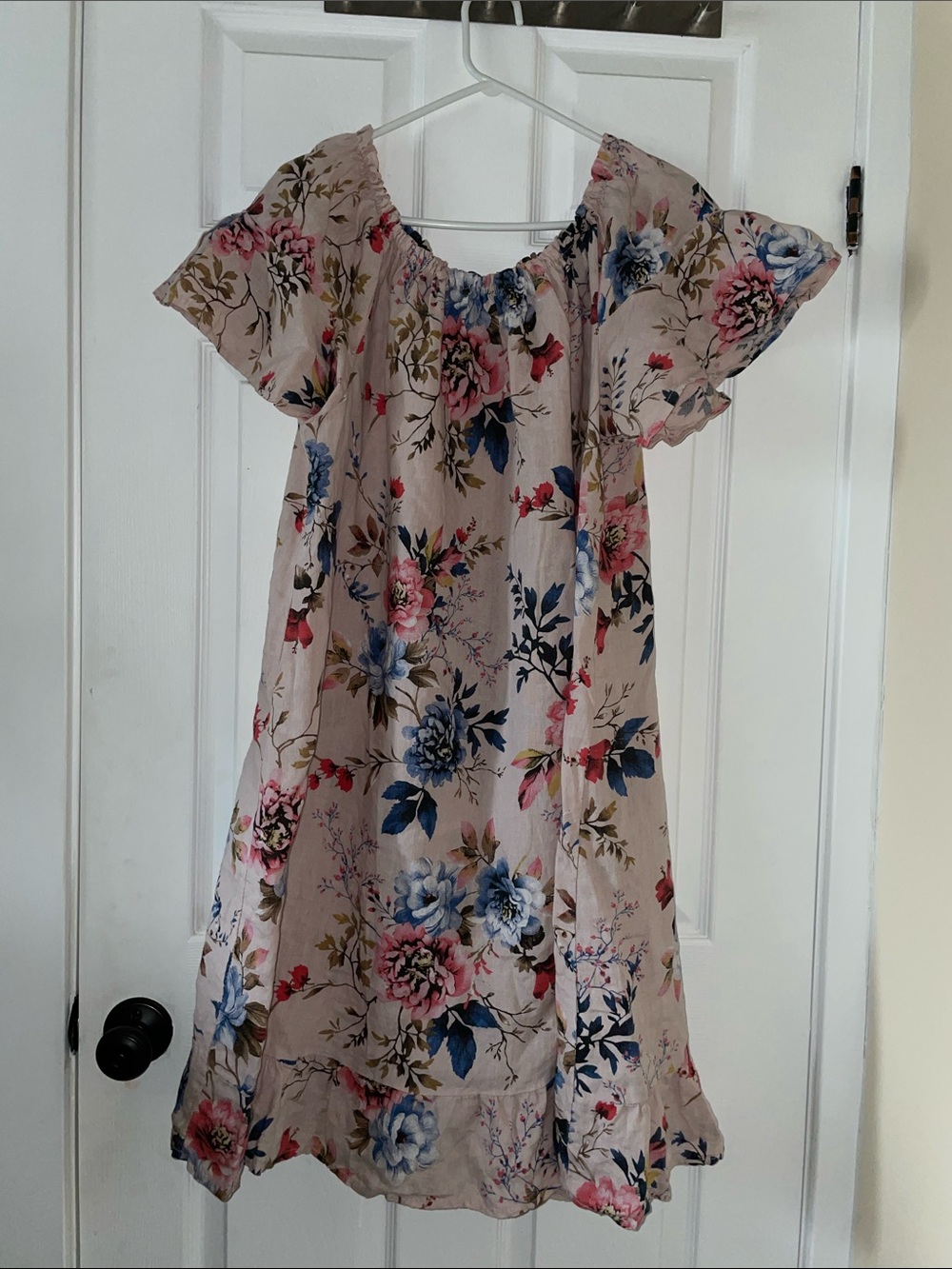 Beige pink blue floral linen dress Italy sundress
